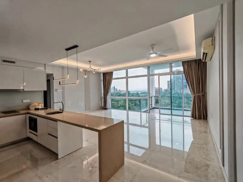 Kitchen features: white cabinetry, marble countertop, built-in oven, stainless-steel range hood, 4-burner gas hob, single-bowl stainless-steel sink, chrome pull-down faucet; style: modern; view: city. Living features: floor-to-ceiling windows, sliding glass door, 5-blade ceiling fan with light, recessed LED downlights, marble flooring, curtains, open layout; style: modern; view: city.