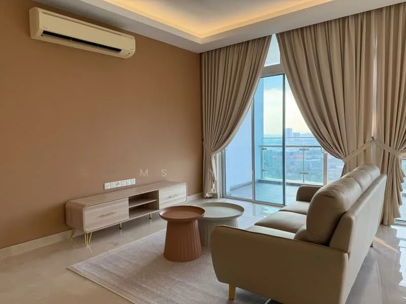 Living features: cream painted walls, recessed ceiling with LED lighting, floor-to-ceiling windows, sheer curtains, beige leather sofa, round coffee table, TV console, 1 wall-mounted split AC, marble flooring, area rug; style: modern; view: city.