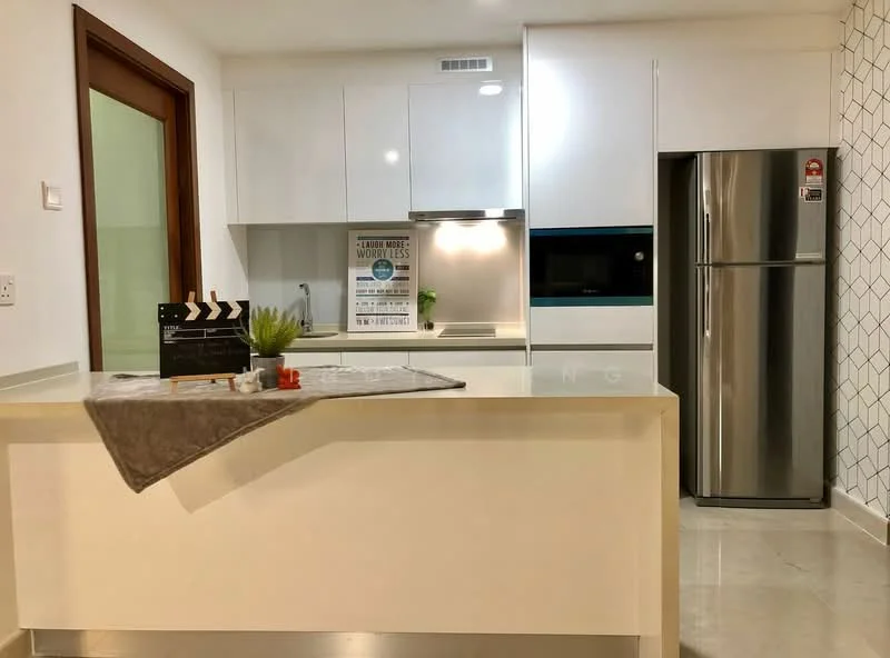 Kitchen features: white cabinetry, stainless-steel fridge, built-in oven, ceramic cooktop, white quartz countertop, tile backsplash with geometric pattern, single-bowl stainless-steel sink, chrome pull-down faucet, recessed downlights, pendant lighting, open shelving, decorative items on countertop; style: modern.