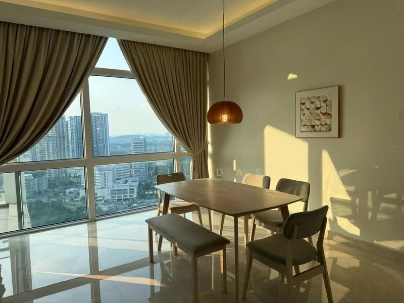 Dining features: 6-seater dining table, wooden dining table, upholstered dining chairs, pendant lamp, floor-to-ceiling windows, sheer curtains, marble flooring, city view; style: modern; view: city.