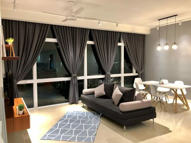 Living features: 3-seater fabric sofa in grey, 2 decorative cushions, area rug with geometric pattern, floor-to-ceiling windows, grey curtains, pendant lighting with 3 bulbs, dining table for 4 with white tabletop, wooden dining chairs, wall-mounted TV, shelving unit with decorative plant; style: modern; view: city.