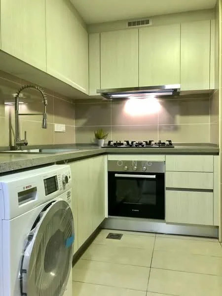 Kitchen features: single-bowl stainless-steel sink, chrome pull-down faucet, granite countertop, white cabinetry with flat-panel design, built-in oven, 4-burner gas hob, exhaust hood, ceramic tile backsplash, white walls, light-colored tile flooring, washing machine, recessed downlights; style: modern.