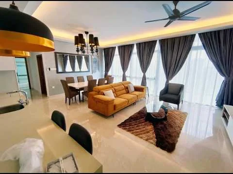Living features: 3-seater fabric sofa in orange, 2-seater armchair in grey, glass coffee table, area rug with geometric pattern, TV console, wall-mounted TV, 5-blade ceiling fan with light, chandelier with multiple bulbs, floor-to-ceiling windows with sheer curtains, grey curtains, dining table with 6 upholstered chairs, decorative mirror; style: modern; view: city.