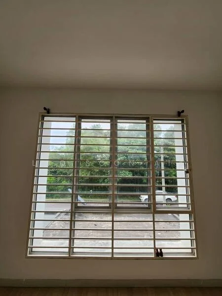 Room features: large window with horizontal slats, white walls, wooden flooring, view of greenery outside; view: garden.