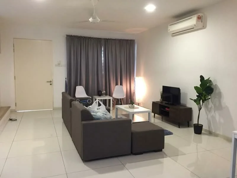 Living features: 3-seater fabric sofa in grey, coffee table, TV console, wall-mounted TV, area rug, floor-to-ceiling windows with sheer curtains, ceiling fan, wall-mounted split AC, decorative plant in pot, lampshade lamp, white painted walls, glossy tile flooring; style: modern.