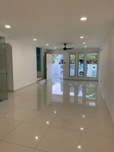 Living features: white painted walls, glossy ceramic tile flooring, recessed downlights, 5-blade ceiling fan, floor-to-ceiling windows, sliding glass door, open layout, natural light; style: modern; view: garden.