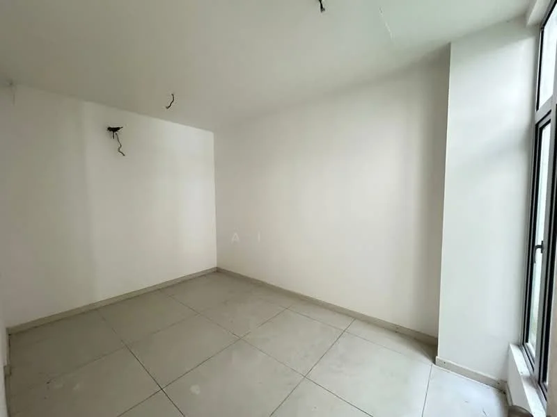 Room features: white painted walls, plain ceiling, large windows, floor-to-ceiling windows, grey tile flooring.