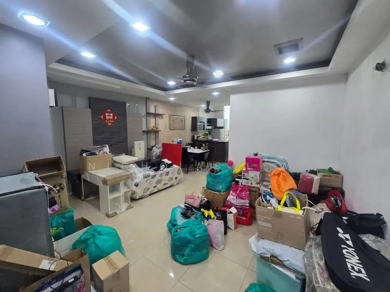 Room features: cream painted walls, grey ceiling, recessed downlights, ceramic tile flooring, ceiling fan, open kitchen layout, various boxes and bags, sofa, dining table, kitchen appliances visible.