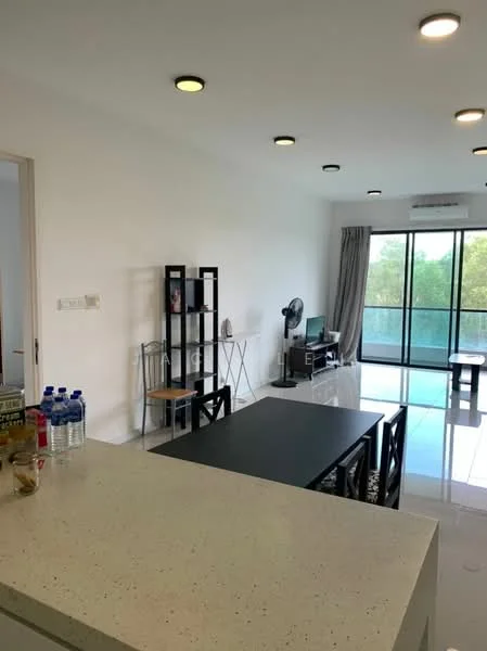 Living features: white painted walls, polished tile flooring, recessed downlights, floor-to-ceiling windows, curtains, black TV console, wall-mounted TV, ceiling fan, glass balcony door, dining table with chairs, black shelving unit, decorative items on shelves; style: modern; view: garden. Kitchen features: white countertop, stainless-steel sink, kitchen cabinets, open layout to living area; style: modern.