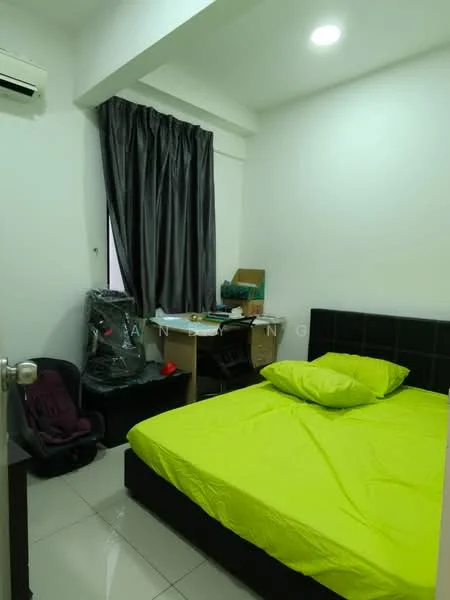 Bedroom features: queen-size bed with green bedding, black upholstered headboard, desk with chair, dark wood bedside table, floor-to-ceiling window with grey curtains, wall-mounted split AC, white painted walls, glossy tile flooring, recessed ceiling lights; style: modern.