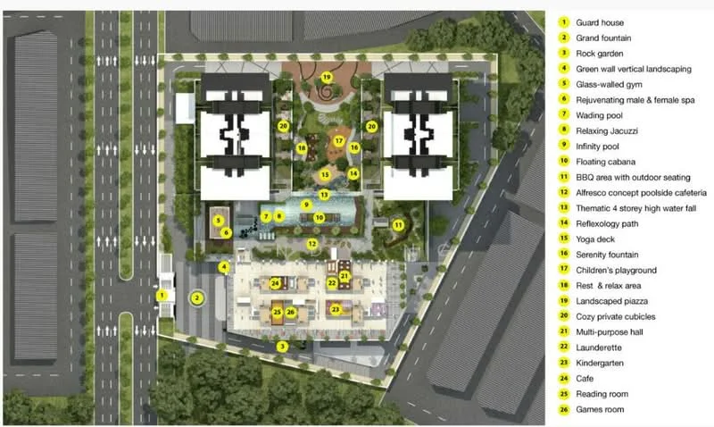 Floor plan: features: guard house, grand fountain, rock garden, green wall vertical landscaping, glass-walled gym, rejuvenating male & female spa, walking pool, relaxing jacuzzi, BBQ area with outdoor cafeteria, amphitheater concept, children's playground, rest & relax area, cavity private cubicles, multi-purpose hall, kindergarten, cafe, reading room, games room.