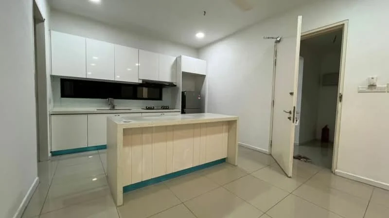 Kitchen features: white flat-panel cabinets, marble countertop, stainless-steel sink, chrome pull-down faucet, built-in oven, 4-burner gas hob, stainless-steel range hood, tile flooring, recessed LED downlights, window above sink, island with seating, open layout; style: modern.