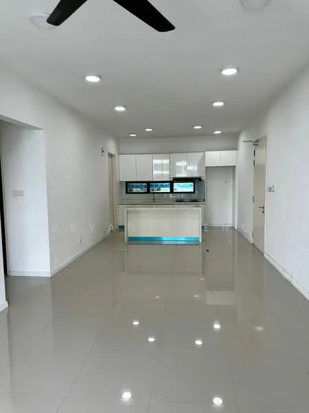 Kitchen features: white cabinets, marble countertop, stainless-steel sink, chrome pull-down faucet, built-in oven, freestanding range oven, refrigerator, pendant lighting, recessed LED downlights, glossy ceramic tile flooring, open layout, island with seating, floor-to-ceiling windows, neutral painted walls; style: modern.