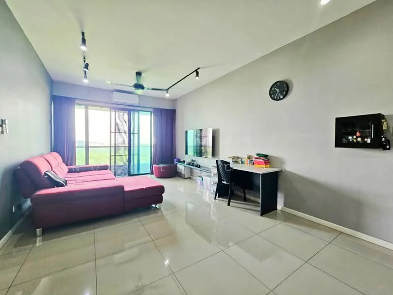Living features: L-shape sectional sofa in red, floor-to-ceiling windows, sliding glass door, grey painted walls, recessed downlights, wall-mounted TV, TV console, black study desk, black chair, clock on wall, ceramic tile flooring, curtains, air conditioning unit; style: modern; view: garden.