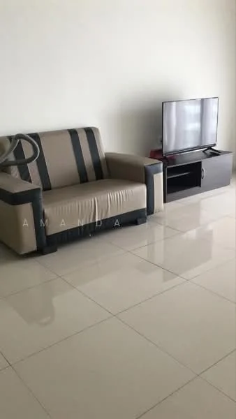 Living features: 3-seater fabric sofa in beige with black stripes, TV console in dark wood, wall-mounted TV, glossy ceramic tile flooring, plain white walls, no visible decor, minimalist design, large open space; style: modern.