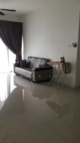Living features: 3-seater fabric sofa in grey, floor-to-ceiling windows, sheer curtains, polished ceramic tile flooring, ceiling fan, decorative throw pillows, side table with colorful tablecloth, wall-mounted electrical outlet; style: modern.