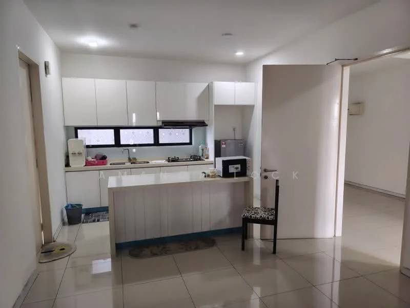 Kitchen features: white cabinetry, marble countertop, stainless-steel sink, 4-burner gas hob, built-in oven, refrigerator, tile flooring, recessed downlights, window with black frames, open layout to living area; style: modern. Room features: white painted walls, tile flooring, doorway leading to another room.