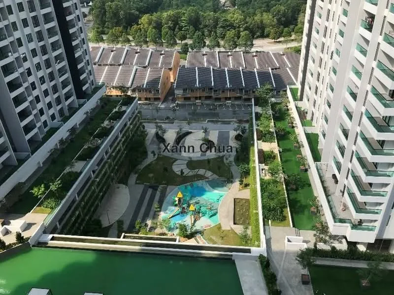 Exterior type: high-rise condominium; features: landscape garden, children's playground, manicured lawn, swimming pool, pool deck with loungers, multi-storey car park, surrounded by mature greenery; style: modern.