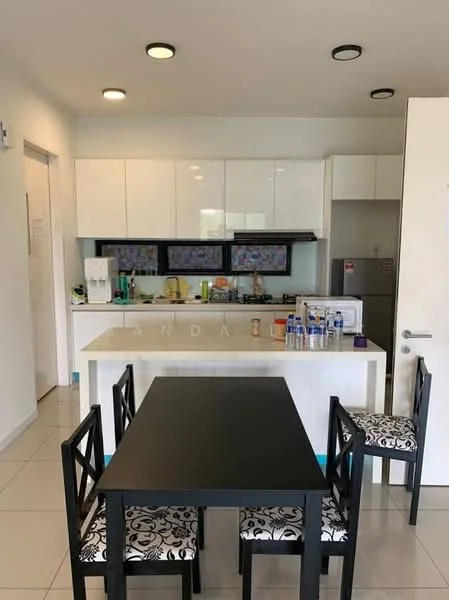 Kitchen features: white glossy cabinetry, black countertop, stainless-steel sink, chrome pull-down faucet, built-in oven, microwave, refrigerator, ceramic tile flooring, pendant lighting, open shelving, 4-seater dining table, black dining chairs with patterned upholstery; style: modern.