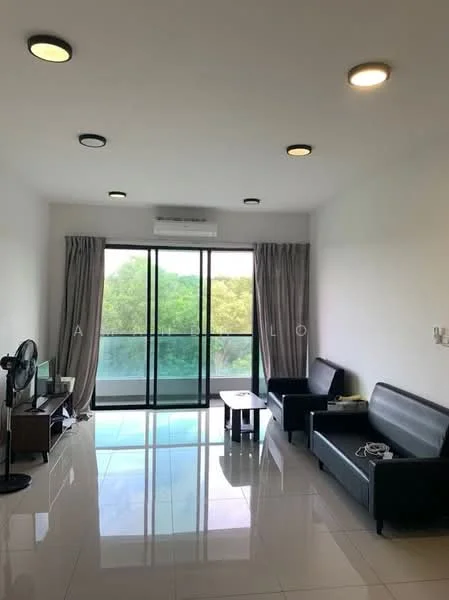 Living features: white painted walls, glossy tile flooring, recessed downlights, floor-to-ceiling windows, sliding glass door, sheer curtains, 2-seater leather sofa, coffee table, wall-mounted TV, ceiling-mounted air conditioning unit, fan, decorative wall clock; style: modern; view: garden.