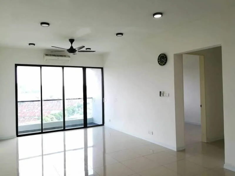 Living features: white painted walls, glossy ceramic tile flooring, 5-blade ceiling fan with light, floor-to-ceiling windows, sliding glass door, air conditioning unit, wall clock, neutral decor; style: modern; view: garden. Room features: white painted walls, doorway leading to another room.