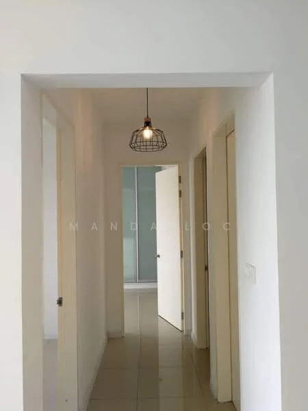 Hallway features: white painted walls, glossy tile flooring, recessed lighting, pendant light with wire cage, two doors on the left, one door on the right, glass panel door at the end, neutral color scheme; style: modern.