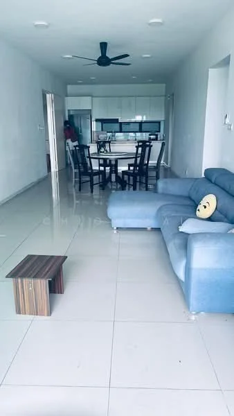 Living features: 3-seater fabric sofa in light blue, wooden coffee table, floor-to-ceiling windows, white painted walls, polished ceramic tile flooring, 5-blade ceiling fan, recessed downlights, decorative pillow with smiley face; style: modern. Dining features: 6-seater dining table, wooden dining chairs, open-plan layout to kitchen; style: modern. Kitchen features: white cabinetry, stainless-steel appliances, open layout to living area; style: modern.