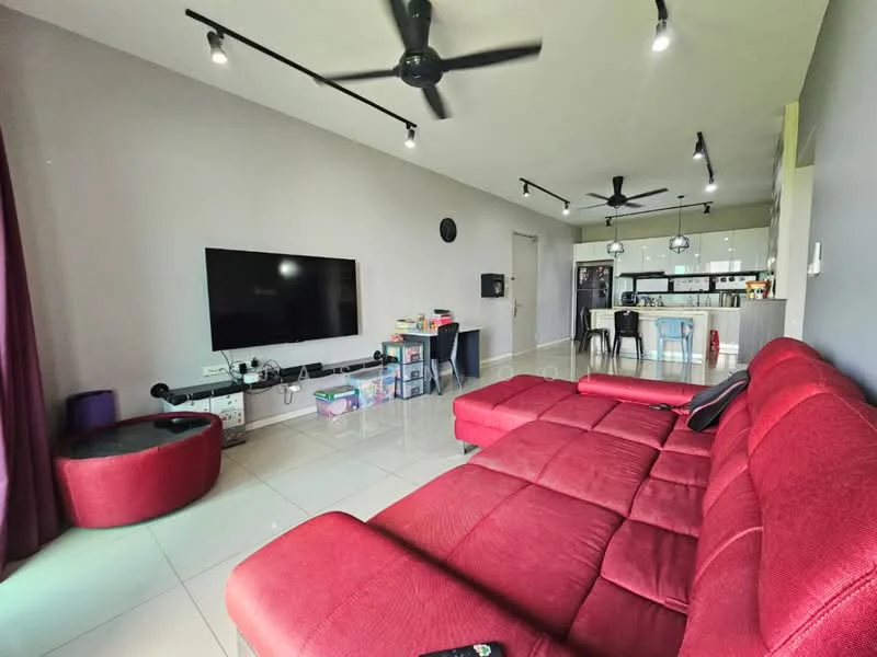 Living features: red fabric sectional sofa, black coffee table, wall-mounted flat-screen TV, TV console, recessed LED downlights, 2 ceiling fans, grey painted walls, glossy tile flooring, open layout to kitchen, large window with sheer curtains, decorative wall clock; style: modern. Kitchen features: kitchen island with bar stools, stainless-steel fridge, built-in oven, freestanding range oven, microwave, black cabinetry, white countertops, open shelving, tile backsplash; style: modern.