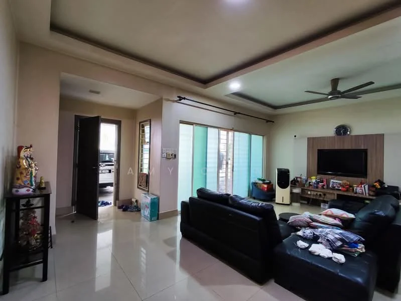 Living features: black leather sofa, coffee table, wall-mounted TV, entertainment unit, recessed ceiling with lighting, 5-blade ceiling fan, large windows with sheer curtains, tile flooring, decorative wall clock, decorative figurine on shelf, wall-mounted shelf with decor items; style: modern. Room features: door leading to another room, visible entrance area.