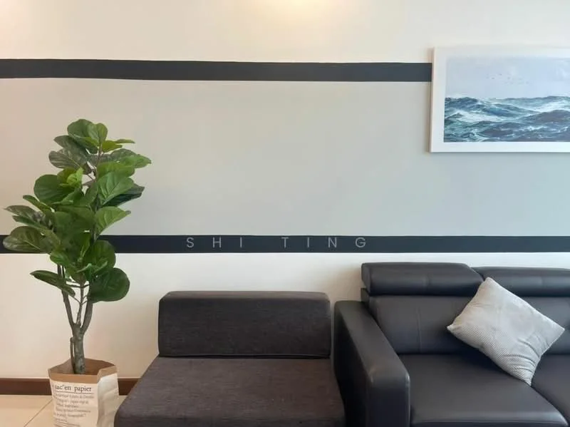 Living features: grey fabric sofa, black leather sofa, decorative throw pillow, framed artwork on wall, green potted plant, white painted walls, tile flooring, decorative wall stripe; style: modern.