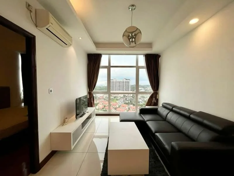 Living features: black leather sectional sofa, white coffee table, wall-mounted TV, TV console, floor-to-ceiling windows, sheer curtains, recessed downlights, air conditioning unit, cream painted walls, polished tile flooring; style: modern; view: city.