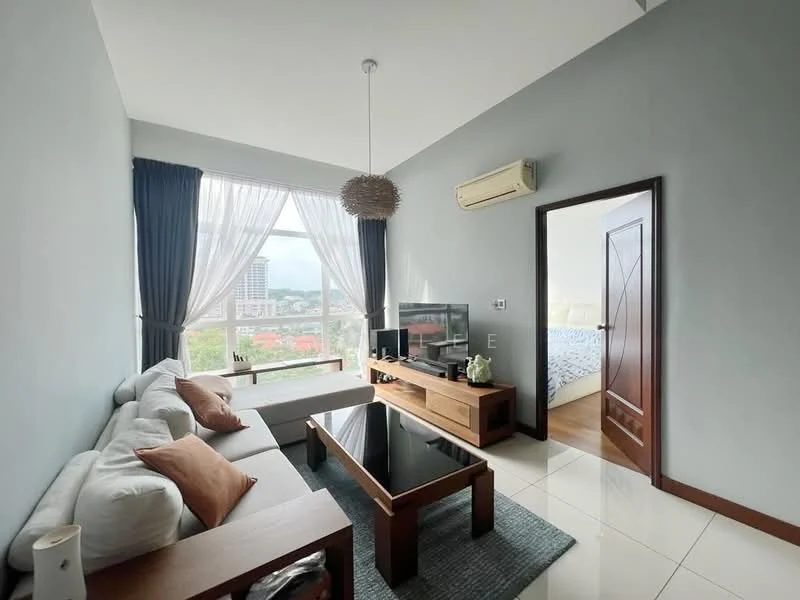 Living features: 3-seater fabric sofa in light grey, coffee table with black glass top, wooden TV console, wall-mounted TV, area rug with geometric pattern, floor-to-ceiling windows, sheer curtains, recessed downlights, 1 wall-mounted split AC, decorative pendant light, decorative wall art, wooden door leading to bedroom; style: modern; view: city.