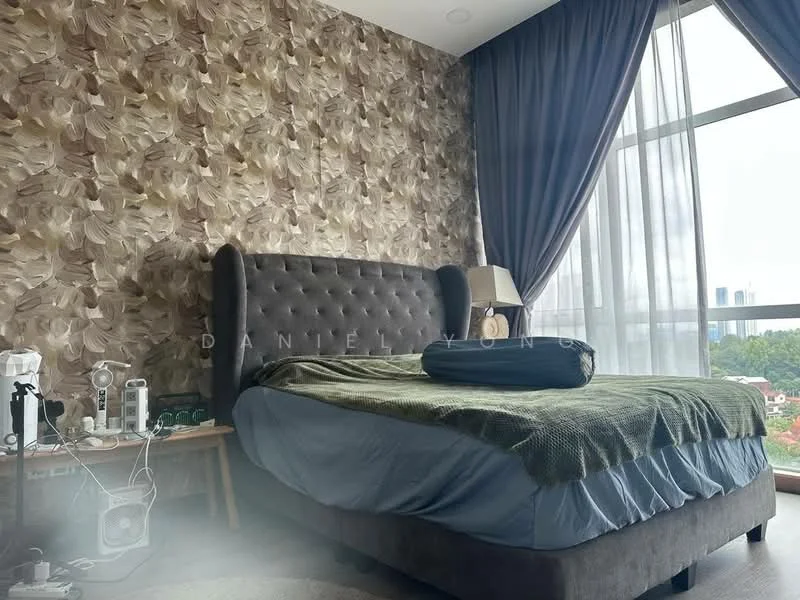 Bedroom features: king-size bed with upholstered headboard, green bedspread, decorative throw pillow, floral wallpaper, floor-to-ceiling windows, sheer curtains, dark blue drapes, nightstand with lamp, carpeted flooring; style: modern; view: city.