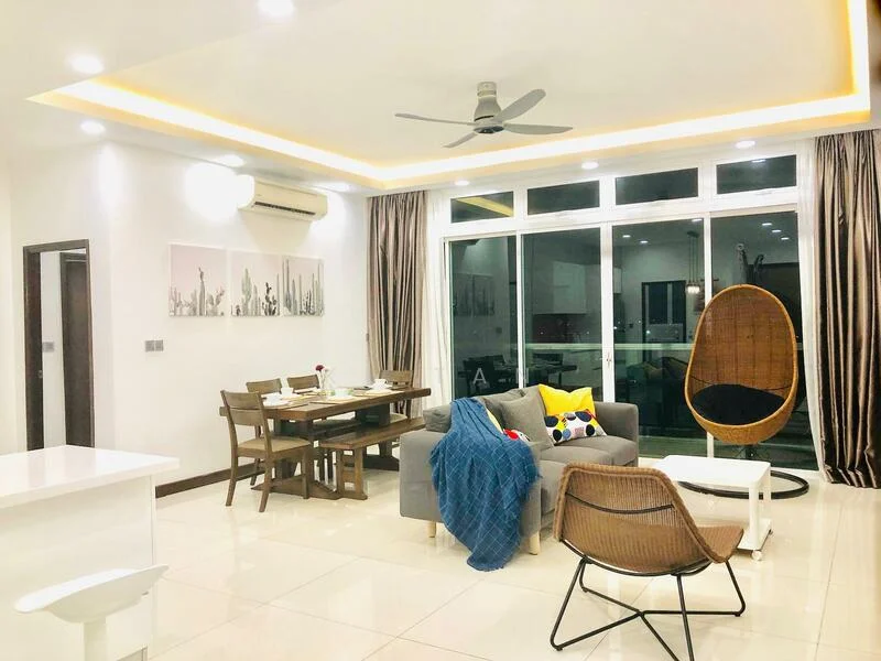 Living features: white painted walls, glossy tile flooring, tray ceiling with recessed lighting, 5-blade ceiling fan, large floor-to-ceiling windows, curtains, grey fabric sofa, wooden dining table with chairs, hanging egg chair, decorative throw pillow, decorative wall art; style: modern.