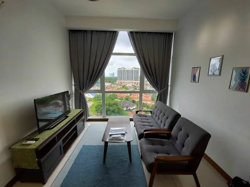Living features: 3-seater fabric sofa in grey, wooden coffee table, TV console, wall-mounted TV, floor-to-ceiling windows, sheer curtains, dark wooden flooring, decorative wall art, green accent table runner; style: modern; view: city.