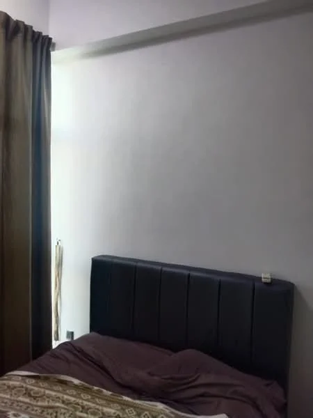 Bedroom features: upholstered headboard, queen-size bed, brown bedding, white walls, floor-to-ceiling window, brown curtains, nightstand, decorative wall trim; style: modern.