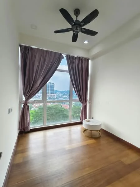 Room features: wooden flooring, white painted walls, 5-blade ceiling fan, floor-to-ceiling windows, purple curtains, round coffee table, city view; style: modern; view: city.