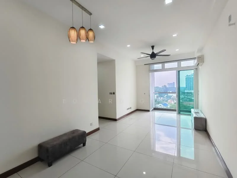 Living features: white painted walls, polished ceramic tile flooring, 5-blade ceiling fan with light, recessed LED downlights, large floor-to-ceiling windows, sliding glass door, view of city skyline, grey upholstered bench, air conditioning unit; style: modern; view: city.