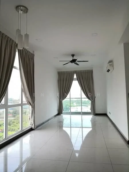 Living features: white painted walls, polished ceramic tile flooring, 5-blade ceiling fan with light, floor-to-ceiling windows, sheer curtains, recessed LED downlights, air conditioning unit, city view; style: modern; view: city.