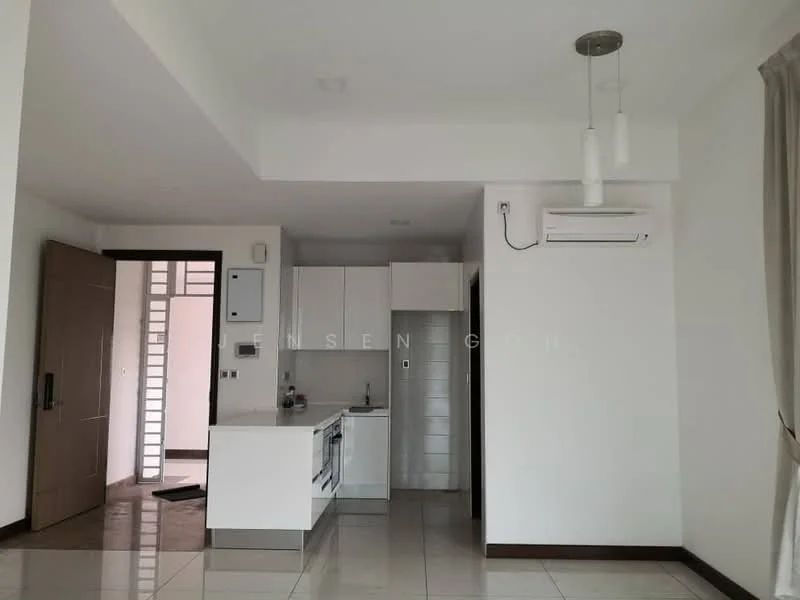 Kitchen features: white cabinetry, marble countertop, stainless-steel sink, chrome pull-down faucet, built-in oven, freestanding range oven, refrigerator, ceramic tile flooring, recessed downlights, wall-mounted split AC, window with sheer curtains; style: modern. Room features: white painted walls, large window, light-colored curtains, tile flooring.