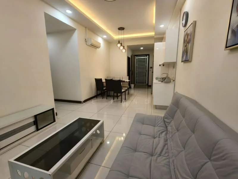 Living features: grey fabric sofa, glass coffee table, white painted walls, recessed LED downlights, white ceiling, floor-to-ceiling windows, tile flooring, air conditioning unit, decorative wall art; style: modern. Dining features: 4-seater dining table, black dining chairs, white cabinetry, kitchenette area, tile flooring; style: modern.