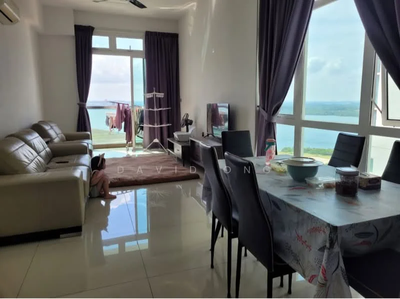 Living features: 3-seater leather sofa in light beige, floor-to-ceiling windows, curtains in dark purple, wall-mounted TV, glossy tile flooring, ceiling fan, decorative wall with natural light, open layout to dining area; style: modern; view: city. Dining features: 6-seater dining table, black dining chairs, tablecloth with floral pattern, glass bowl on table, snack jars on table; style: modern; view: city.