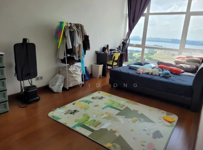 Bedroom features: large window with city view, wooden flooring, queen-size bed with bedding, bedside table, clothes rack, plush toys on bed, area rug with animal pattern, wall-mounted decor, light curtains, storage bins; style: modern; view: city.