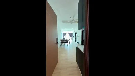 Room features: wooden flooring, white walls, ceiling fan, dining table, chairs, large windows, natural light, doorway, kitchen counter, open layout; style: modern.