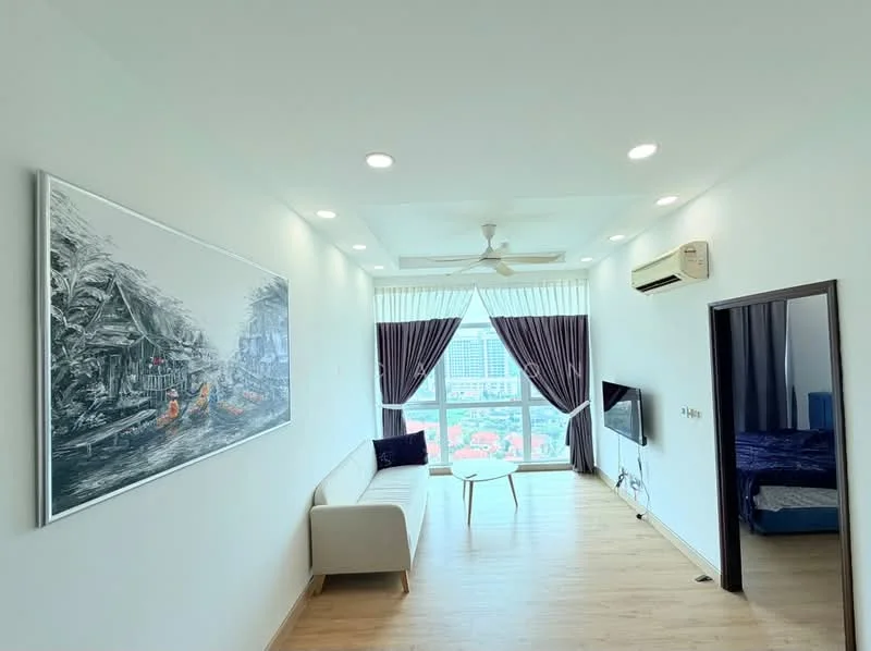 Living features: light wood flooring, white painted walls, tray ceiling with recessed lighting, 5-blade ceiling fan with light, floor-to-ceiling windows, sheer curtains, wall-mounted TV, sofa in light color, small round coffee table, decorative artwork on wall, air conditioning unit; style: modern; view: city.