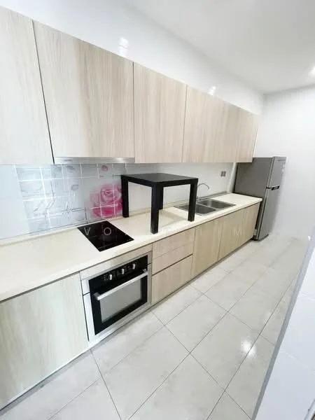 Kitchen features: light wood cabinetry, white countertop, single-bowl stainless-steel sink, chrome pull-down faucet, built-in oven, freestanding fridge, ceramic tile flooring, white tiled backsplash, under-cabinet lighting, open shelving, black table, wall-mounted cabinets; style: modern.