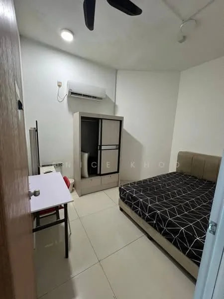 Bedroom features: queen-size bed with upholstered headboard, black geometric patterned bedspread, white walls, ceiling fan, wall-mounted air conditioning unit, built-in wardrobe with sliding doors, desk with chair, tile flooring, window with natural light; style: modern.