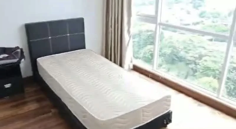 Bedroom features: single bed, upholstered headboard, wooden flooring, floor-to-ceiling windows, curtains, nightstand, view of greenery; style: modern; view: garden.