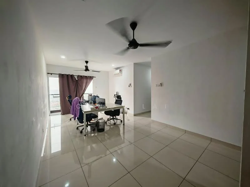 Room features: white painted walls, glossy ceramic tile flooring, 2 ceiling fans, floor-to-ceiling windows, purple curtains, desk with office chairs, computer equipment, light fixtures, open layout; style: modern; view: city.