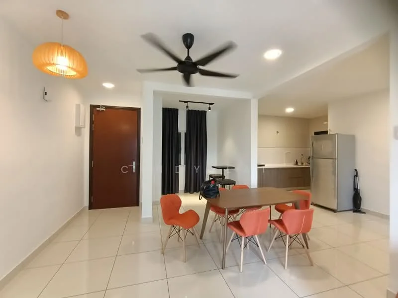 Dining features: round dining table, 4 orange upholstered dining chairs, 5-blade ceiling fan with light, pendant lamp, white painted walls, glossy tile flooring, sliding glass door, blackout curtains, refrigerator, kitchen cabinetry; style: modern.